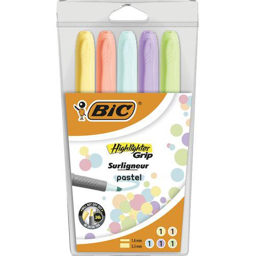 Markeringstusj Highlighter Grip – Pastel – Lomme à 5 assorterte- BIC